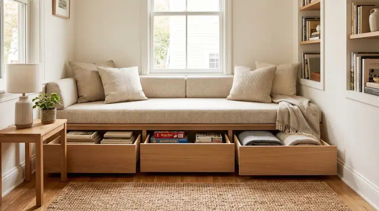 under bench storage drawers built beneath a window seat providing extra hidden storage space