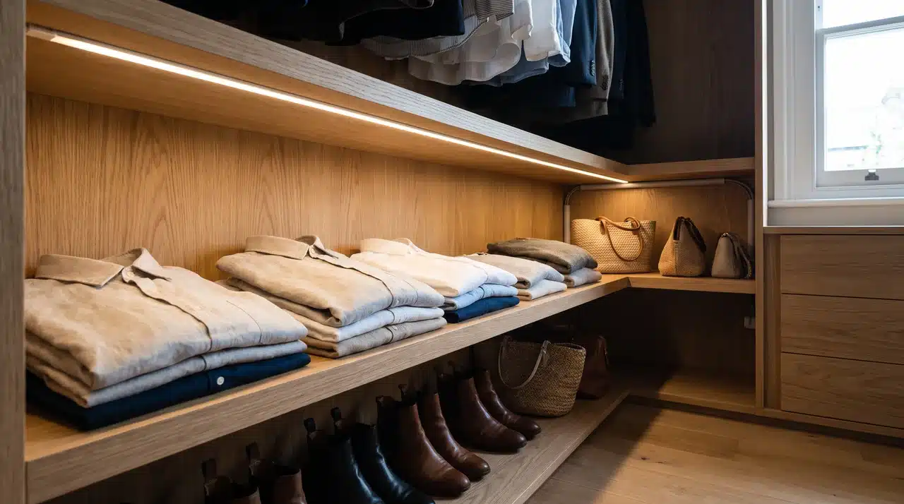 warm led strip beneath a wooden closet shelf lighting folded clothes and shoes