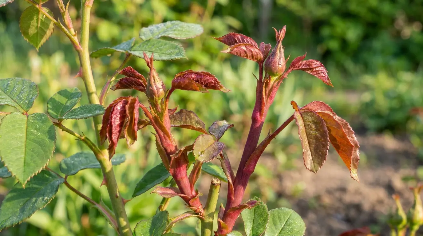 unusual red growth on rose bush with thick warped new shoots