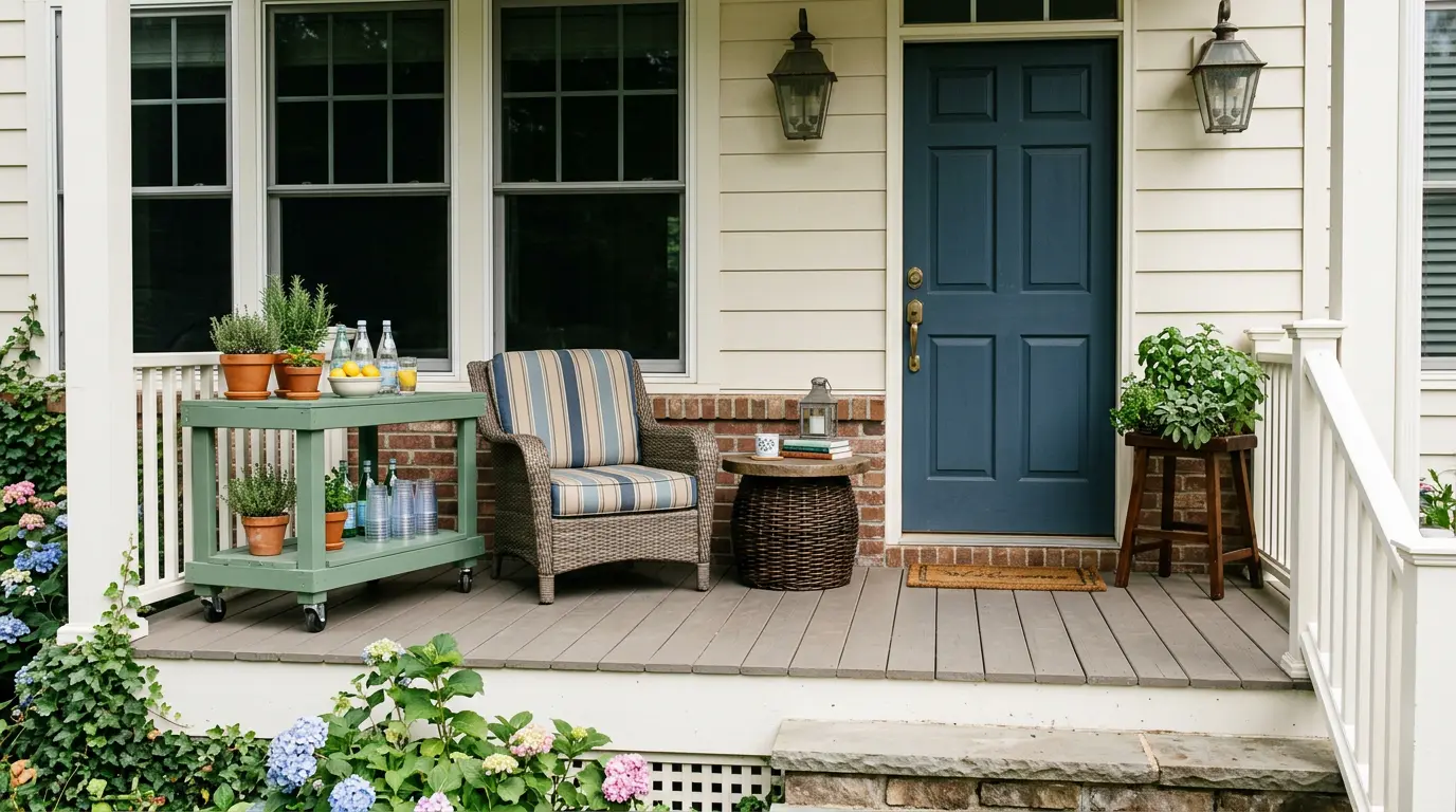 upcycled green cart wicker side table and stool planter on a summer front porch