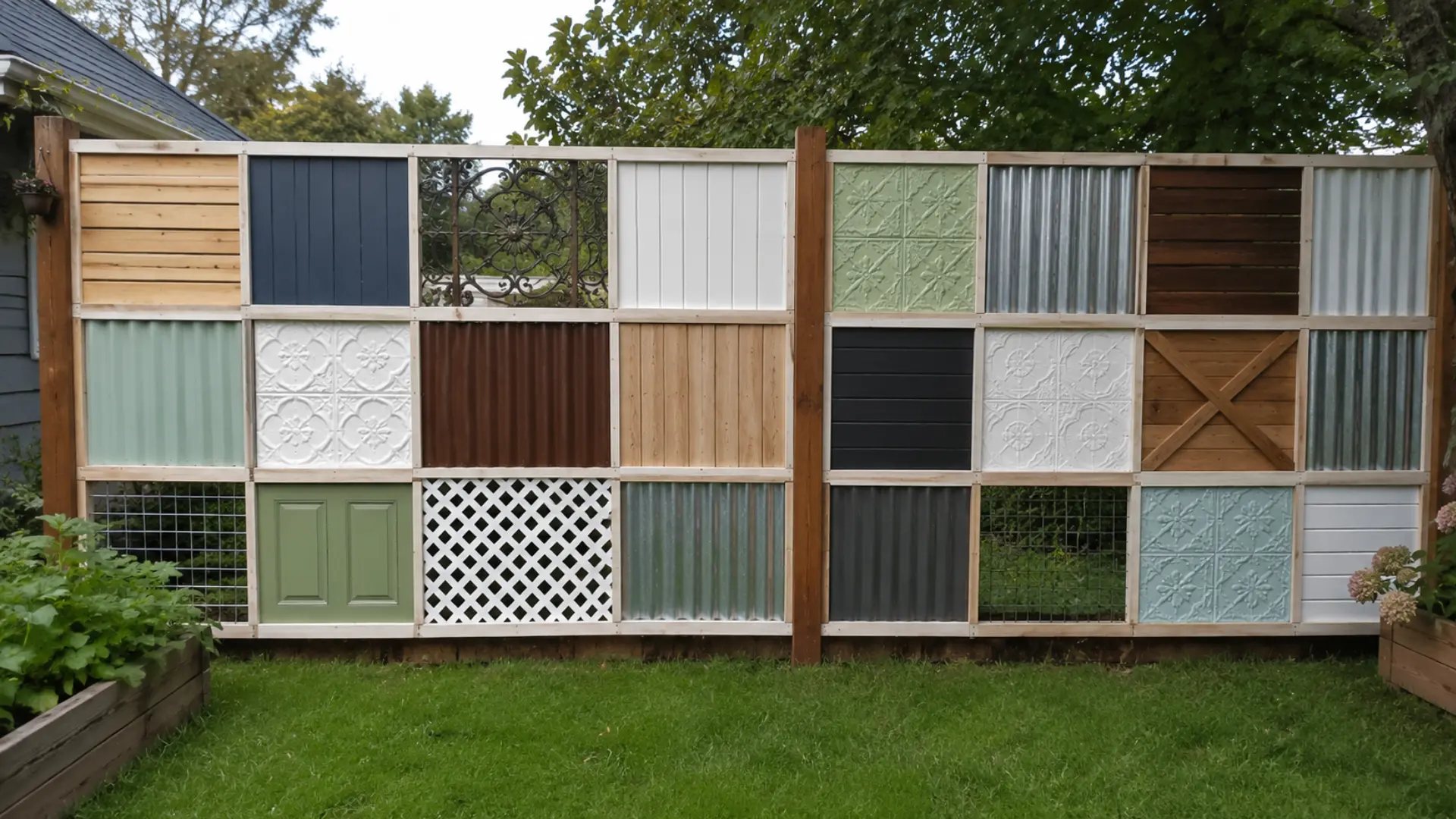 upcycled garden fence made from mismatched reclaimed wood and metal panels
