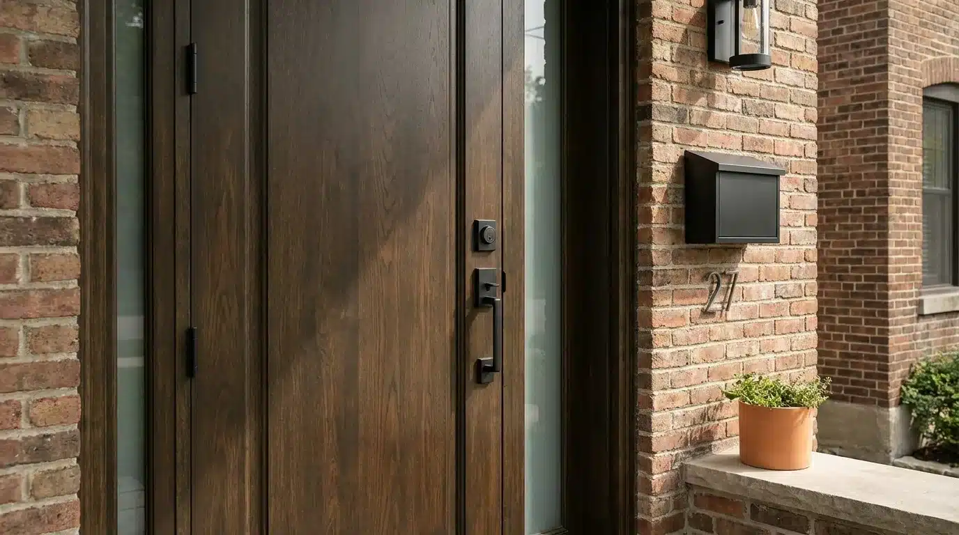 modern wood front door with black hardware brick mailbox house number 27 light and terracotta planter