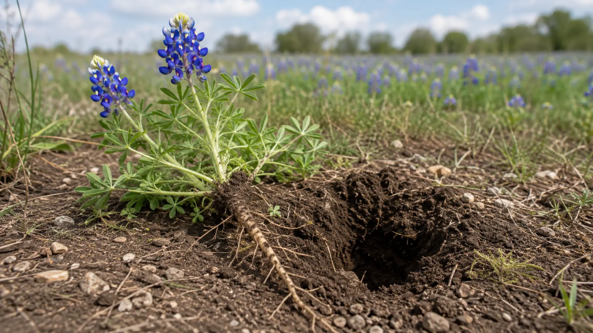 uprooted bluebonnet plant showing branching stems palmate leaves and a long taproot beside a soil hole