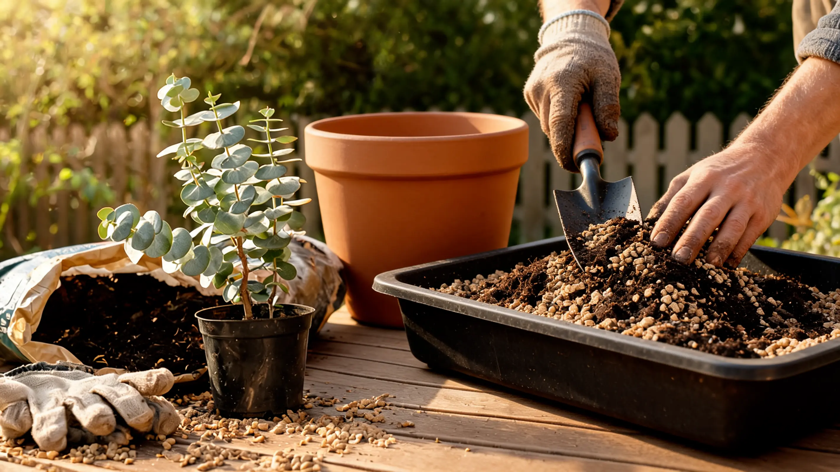 person adding free draining potting mix into terracotta pot beside young eucalyptus plant carefully