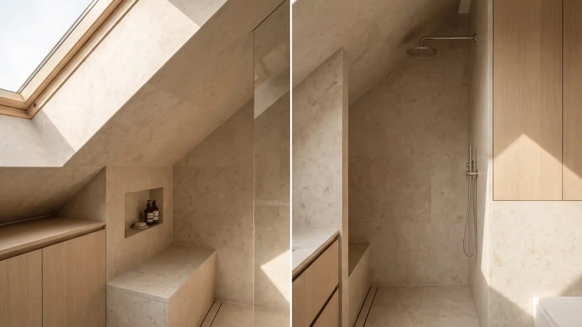 attic doorless shower beneath slanted ceiling with skylight