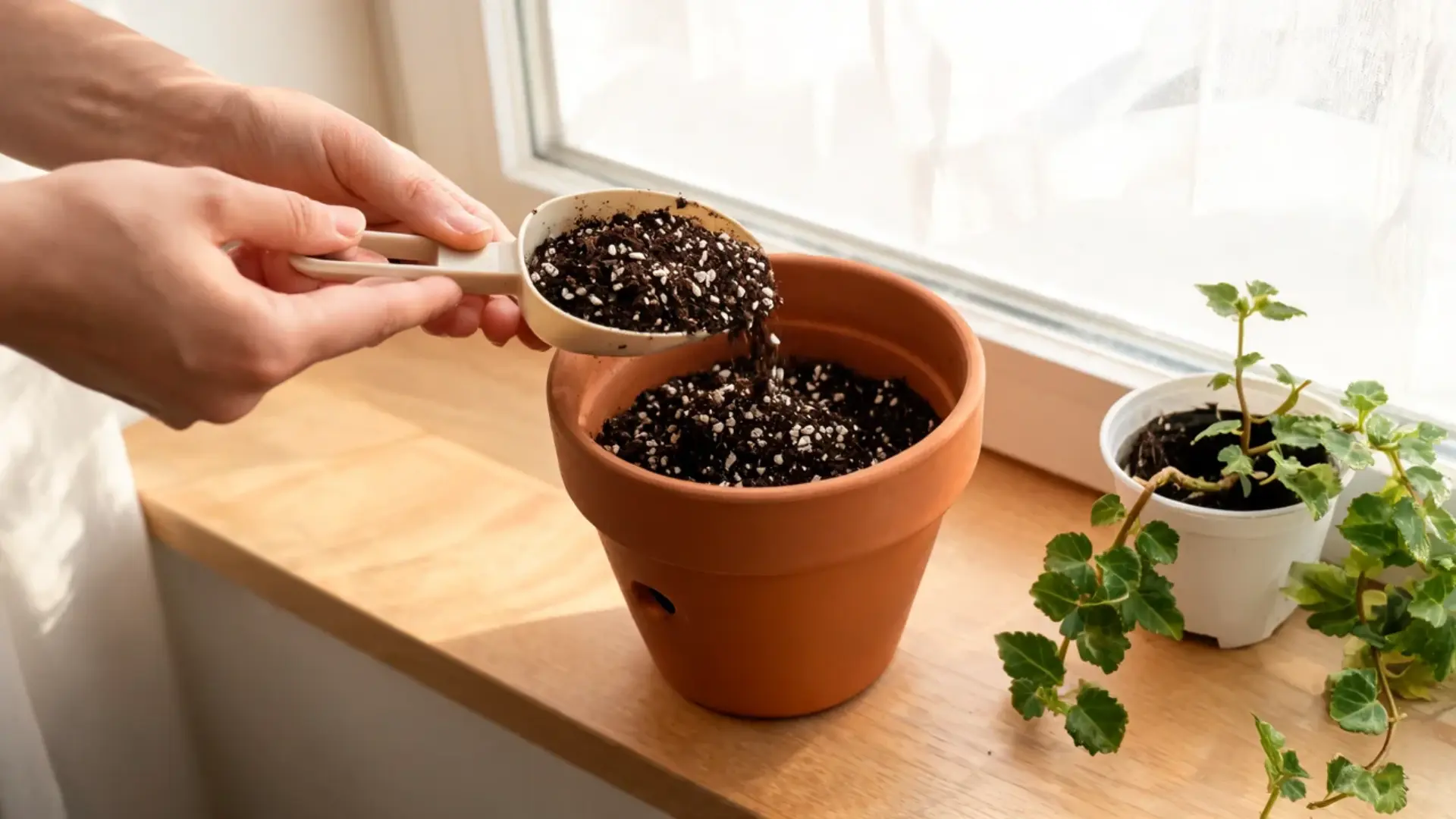 scooping loose well draining potting mix blended with perlite into a pot for a new swedish ivy plant