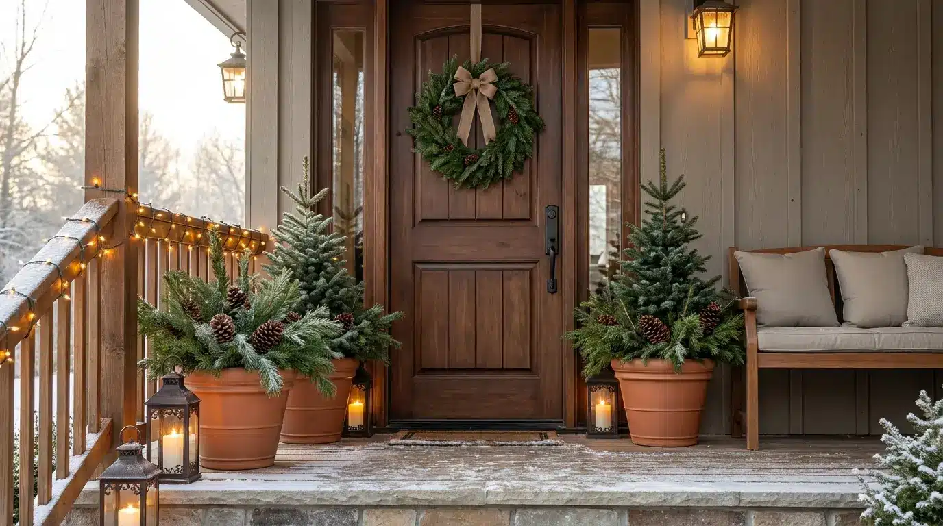 winter porch with evergreen planters wreath lanterns string lights and snow