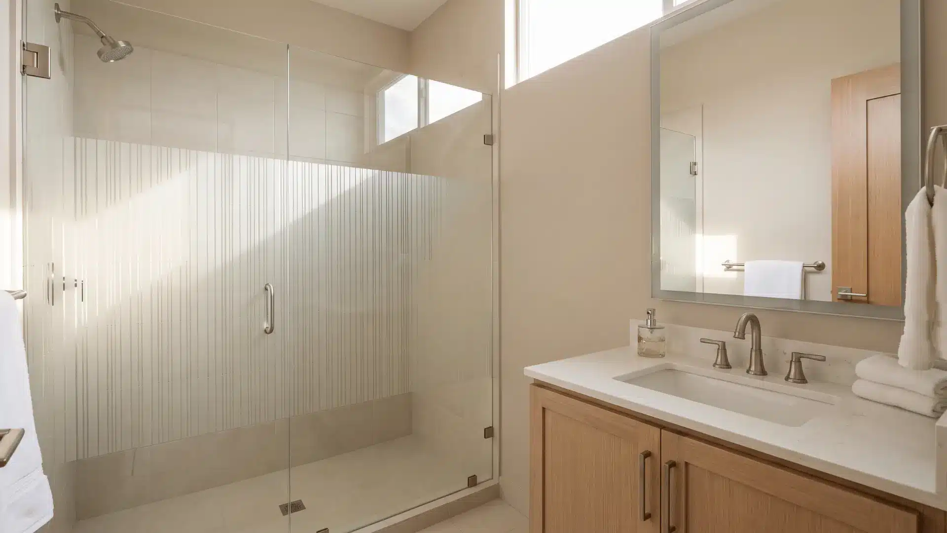 doorless shower with frosted patterned glass panel for added privacy