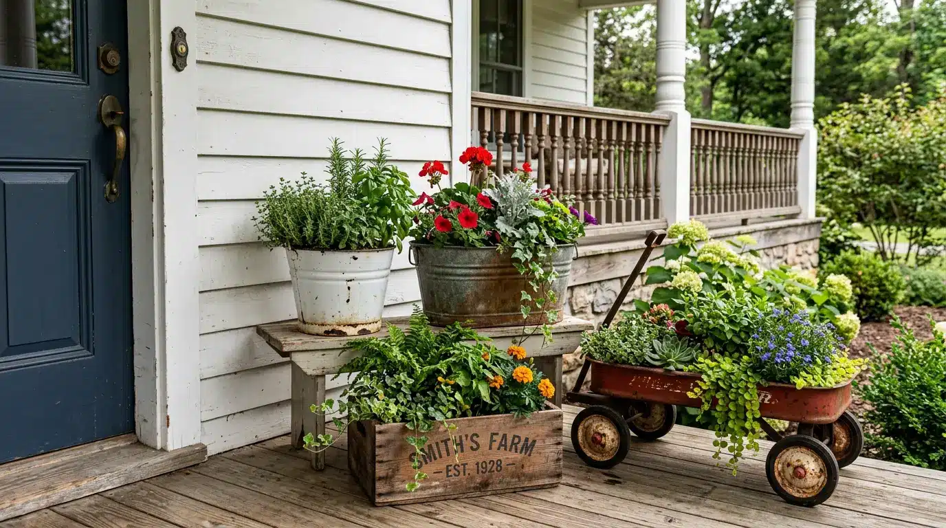 vintage wagon wooden crate and metal buckets used as colorful flower planters on a porch