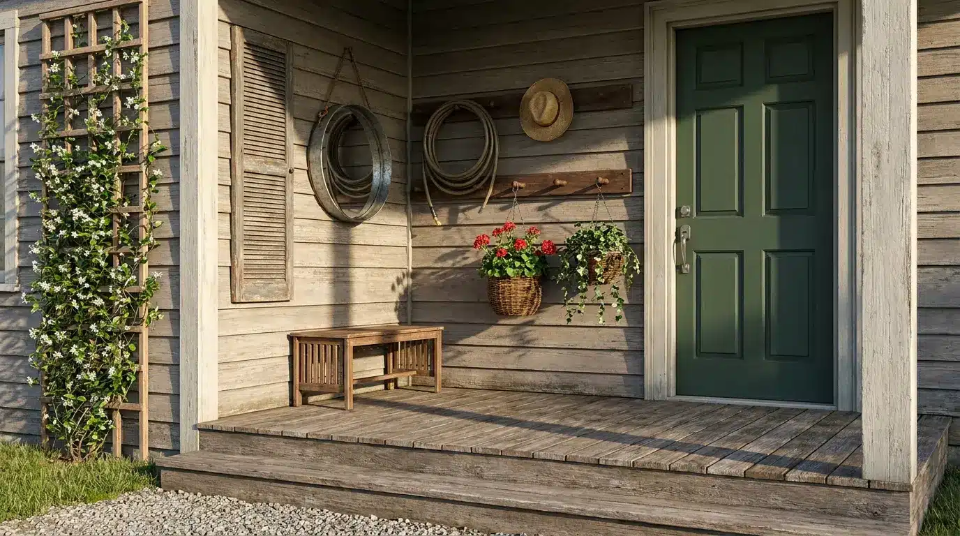 use walls and vertical space with trellis mirror hooks hanging baskets shutter and small bench