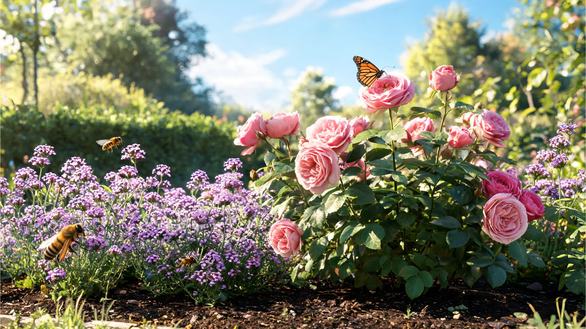 verbena growing beside roses in a sunny flower bed