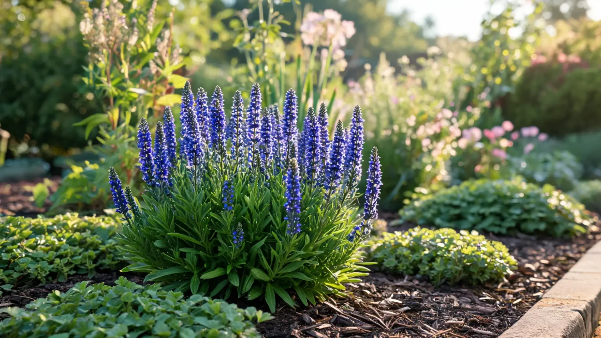 veronica plant with upright violet blue flower spikes rising above tidy low green summer foliage
