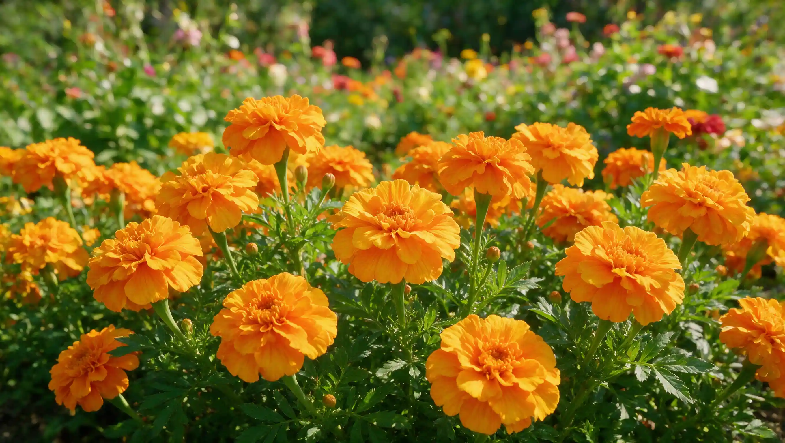 vibrant orange and yellow marigold flowers blooming in full bloom in a colorful sunny garden bed