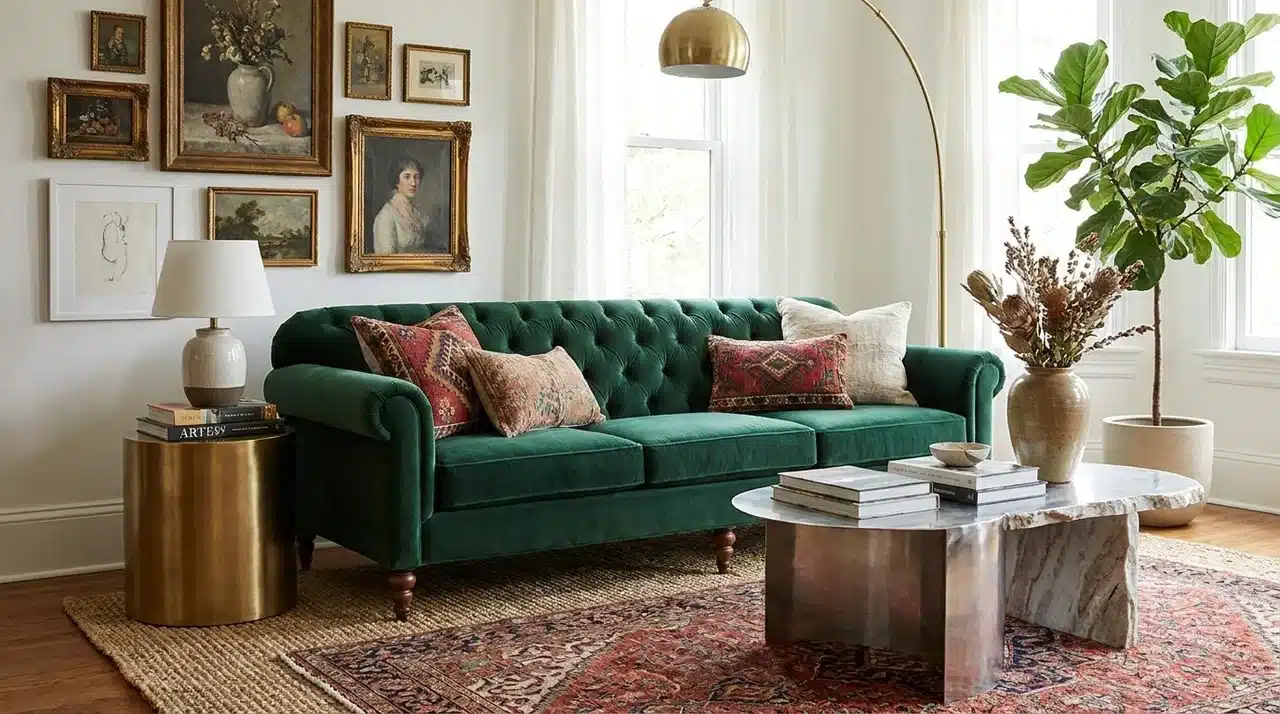 vintage sofa with modern coffee table in a stylish eclectic living room with layered decor