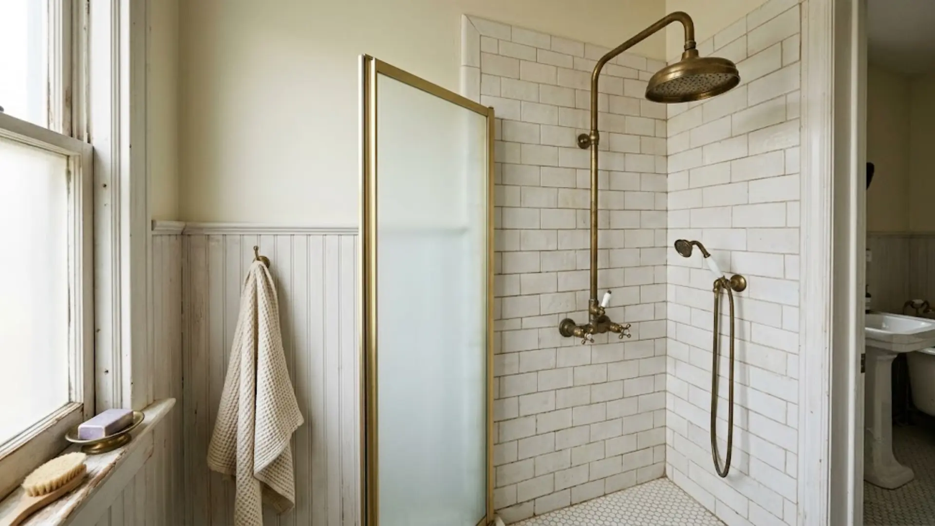 vintage shower with hexagon tile, aged brass fixtures, and white beadboard paneling