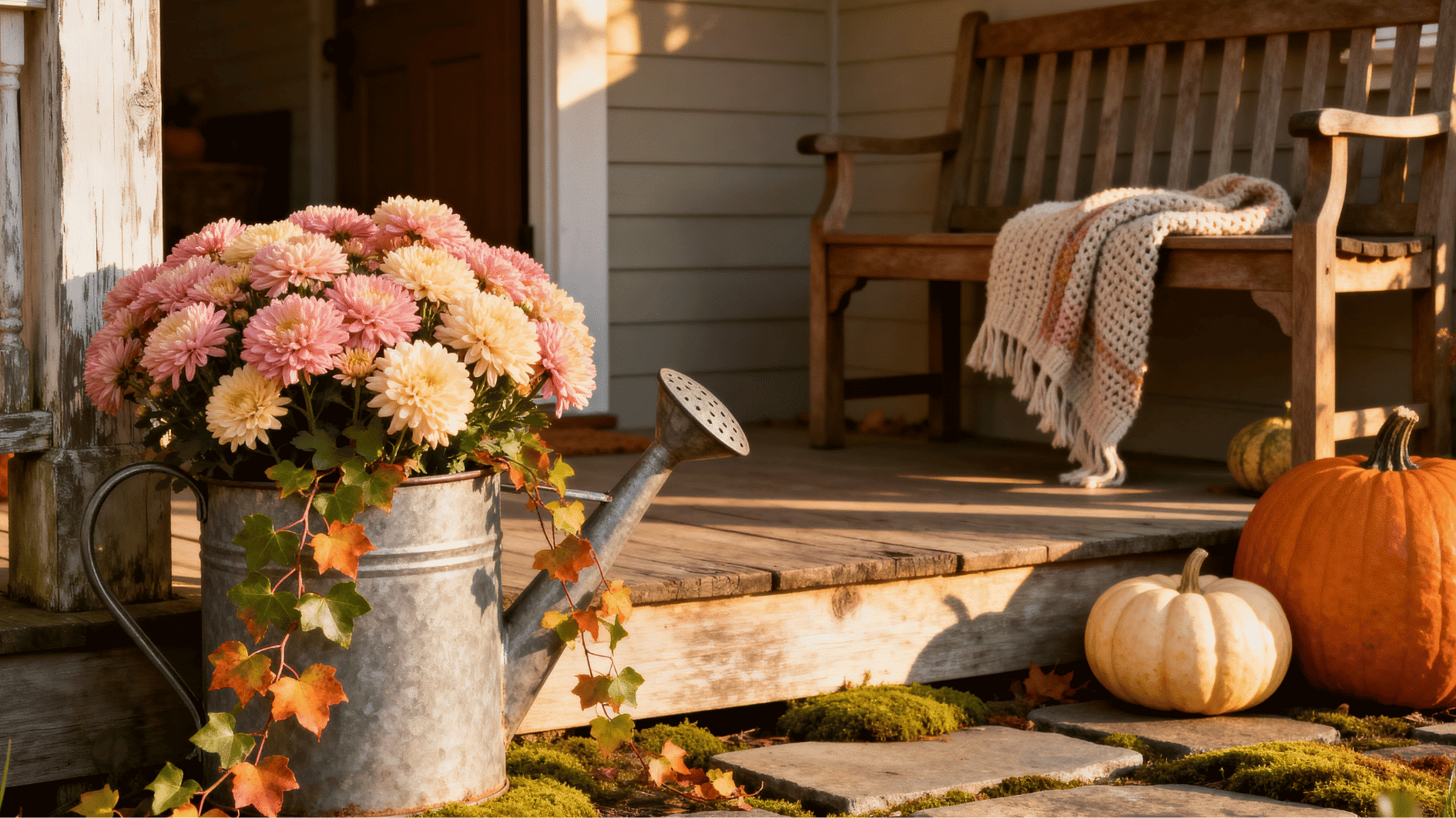 vintage watering can planter with soft flowers, pumpkins, and cozy cottage-style autumn porch decor.