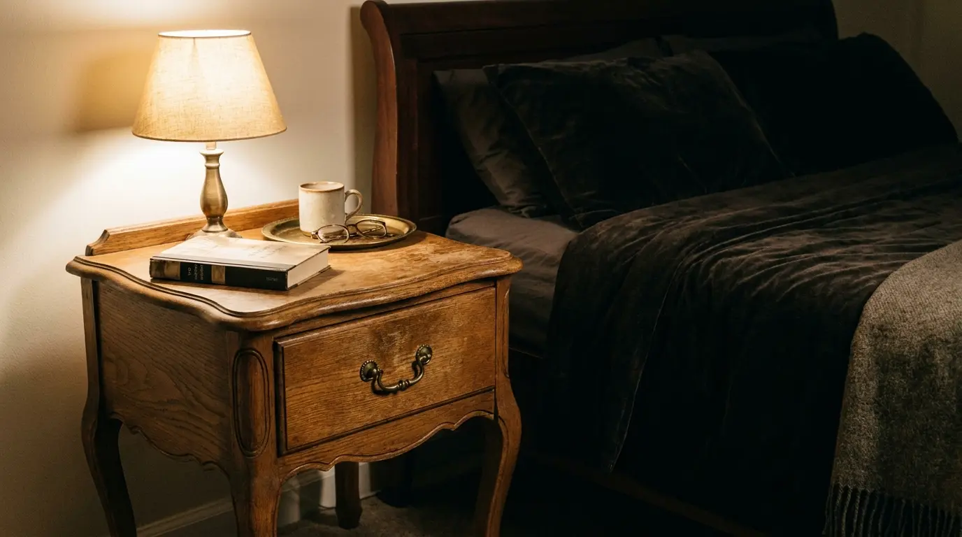 vintage wooden nightstand with warm lamp hardcover book tray and soft bedroom light
