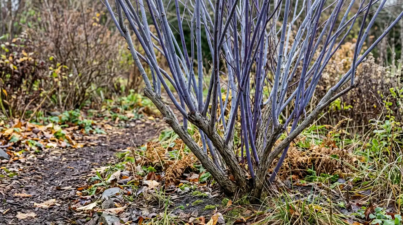 violet willow shrub with upright purple blue stems rising from a woody base in a natural garden bed