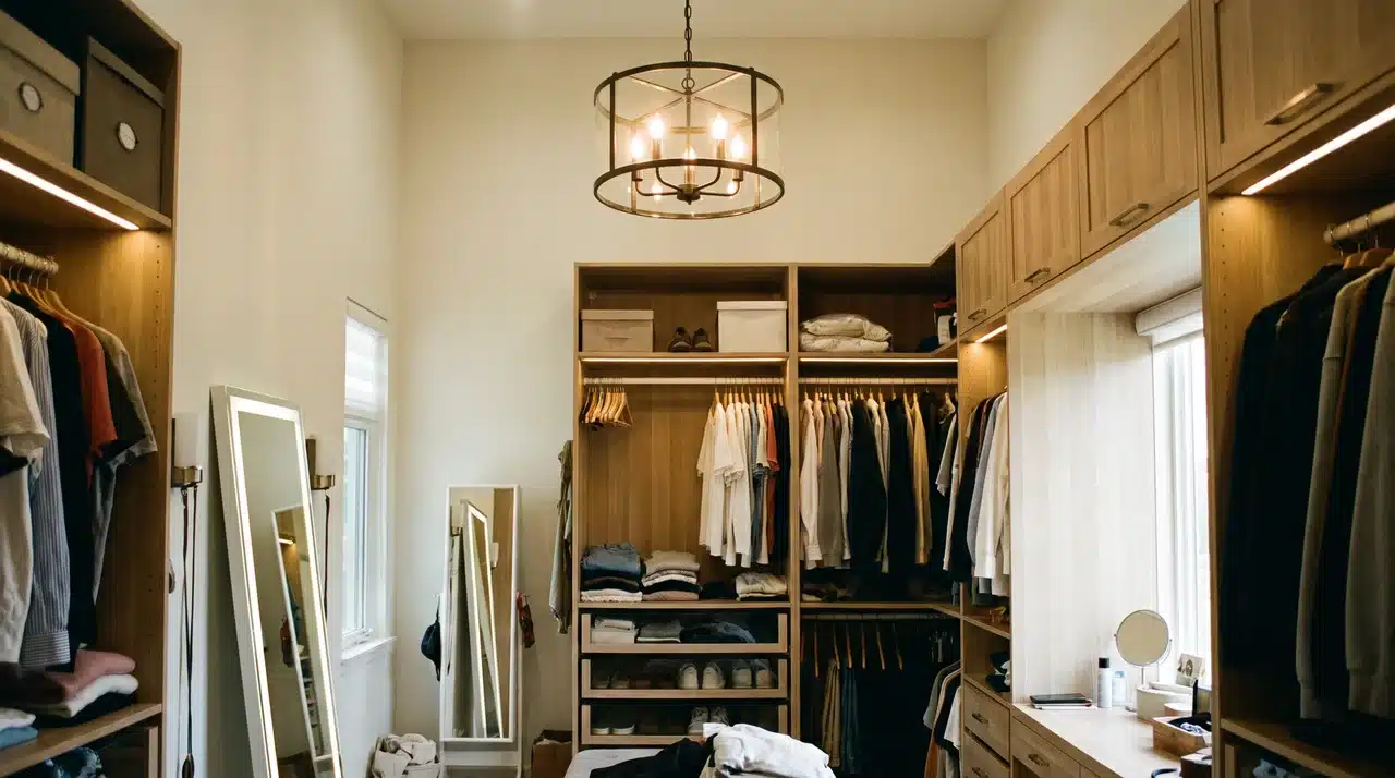 large walk in closet with central chandelier mirrors and led shelf lighting