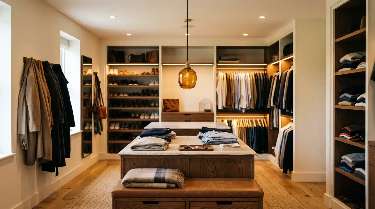 walk in closet with amber pendant light over a central island and bench