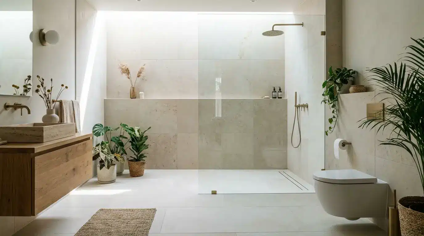 walk in shower bathroom with glass panel vanity toilet and clear dry floor space