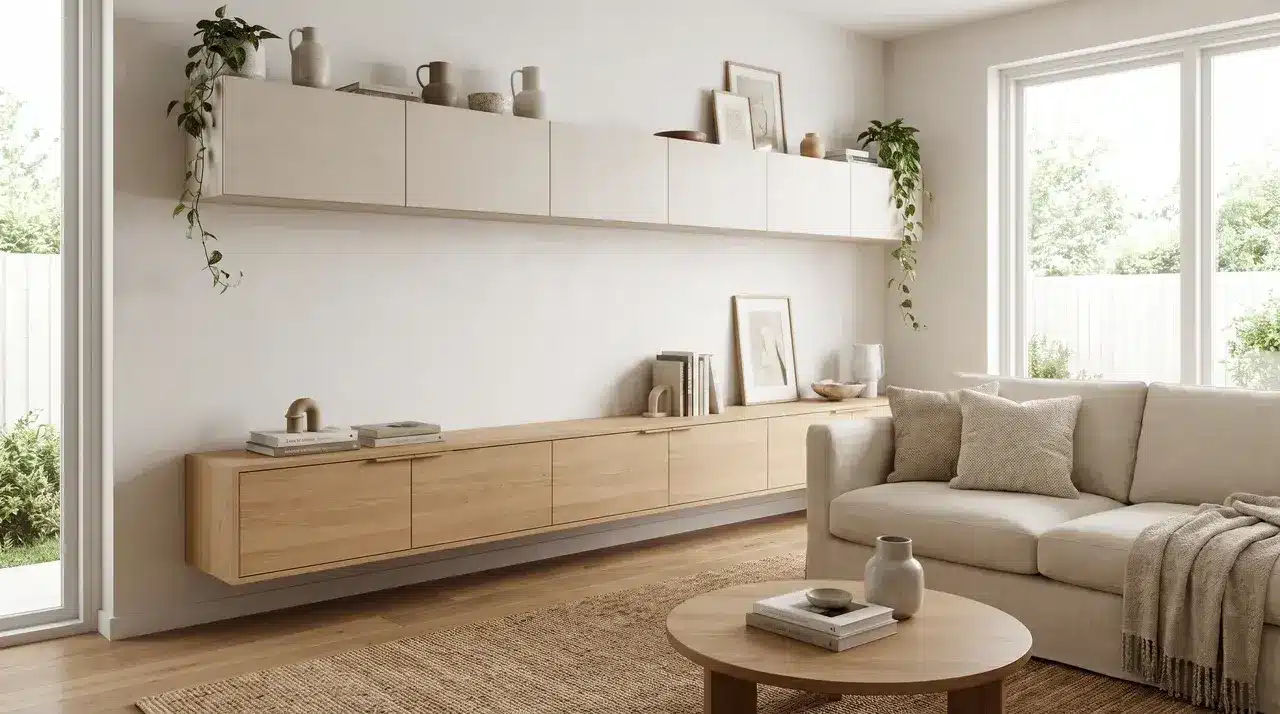 wall mounted storage cabinets hung above a console table keeping the floor space clear and open