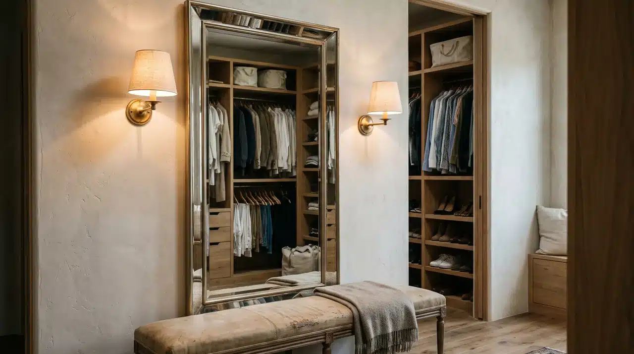 wall sconces beside a large closet mirror with a bench and open wardrobe