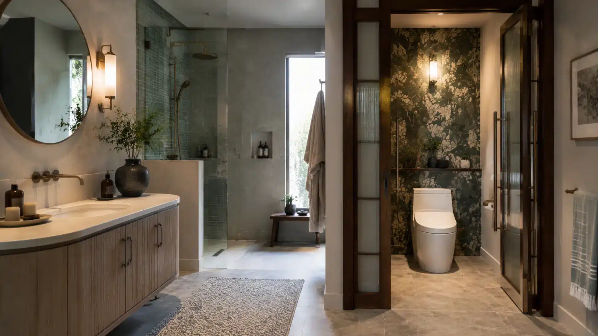 water closet with a decorative wallpaper accent wall, modern fixtures, and stylish bathroom details