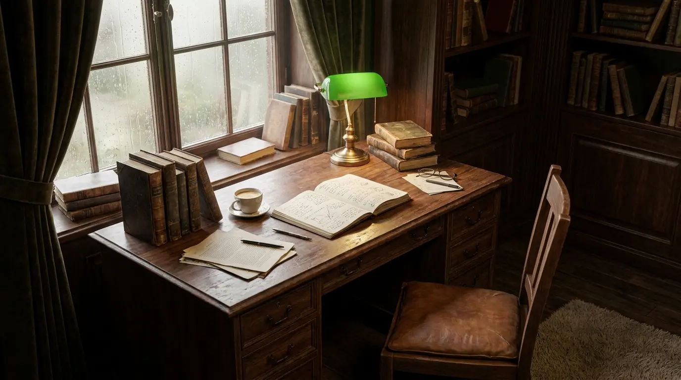 walnut desk corner with shaded lamp notebook stacked books and quiet window light