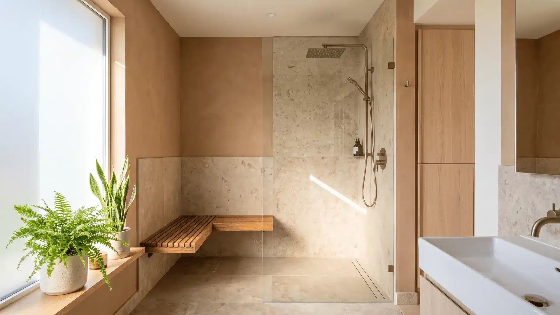 earth-tone doorless shower with wood bench, plants, and stone walls