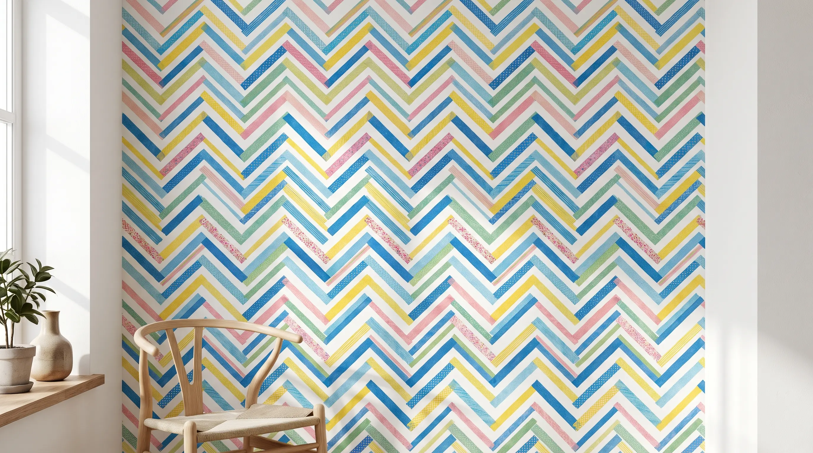 colored paper tape applied directly onto the wall to form a neat herringbone pattern design