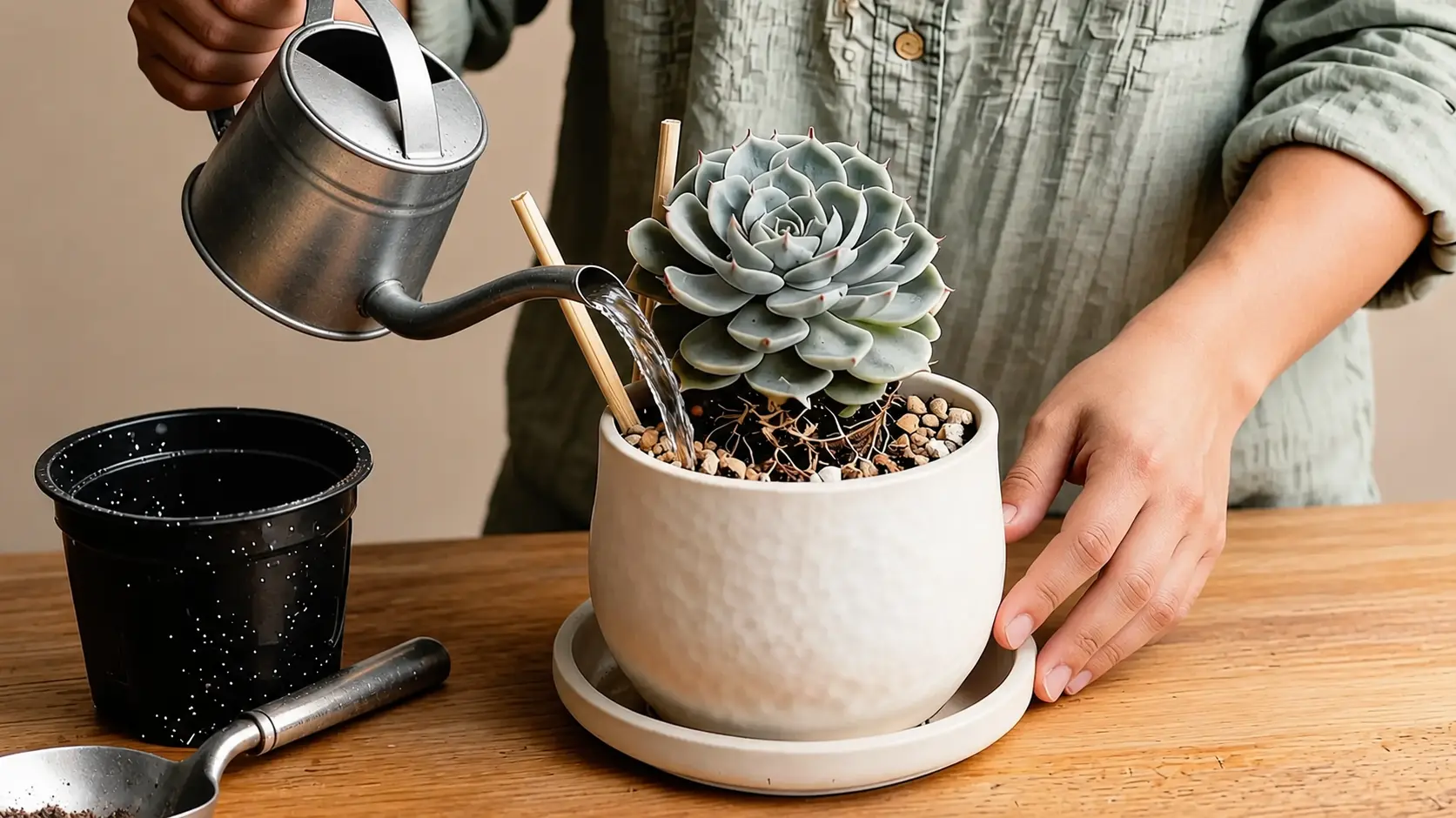 a person slowly waters the soil around a newly planted echeveria using a metal watering can with a narrow spout