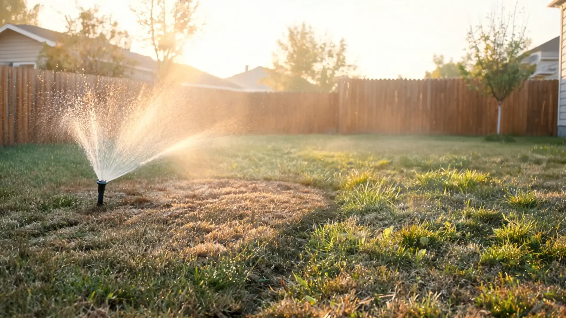 sprinkler watering a dry brown section of backyard grass in warm evening sunlight near a fence