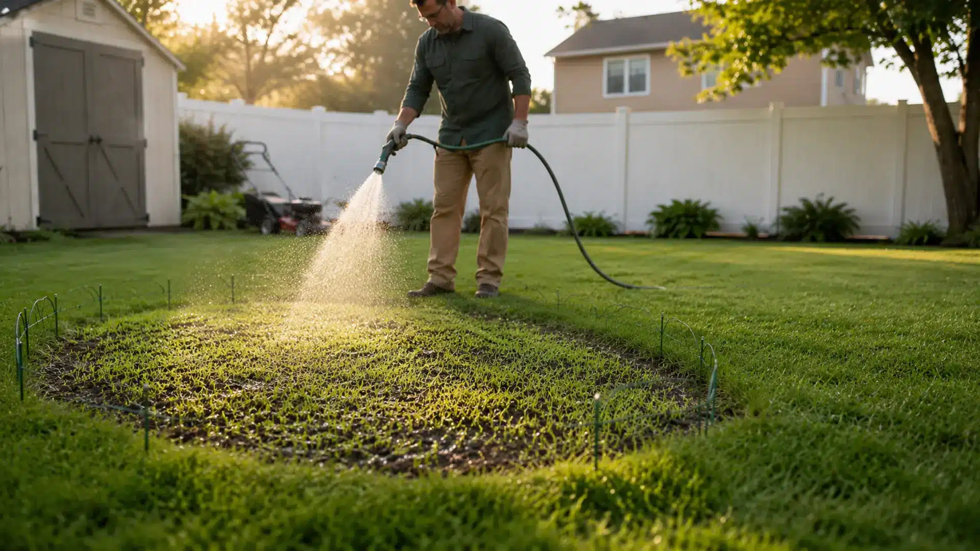 man rakes and loosens soil in a large bare lawn patch beside a white treatment container