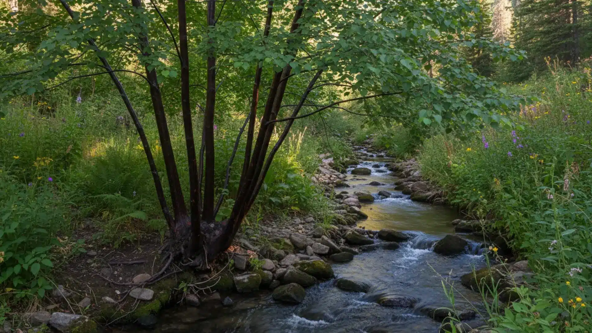dark multi-stemmed water birch grows beside a rocky stream surrounded by dense green plants and trees