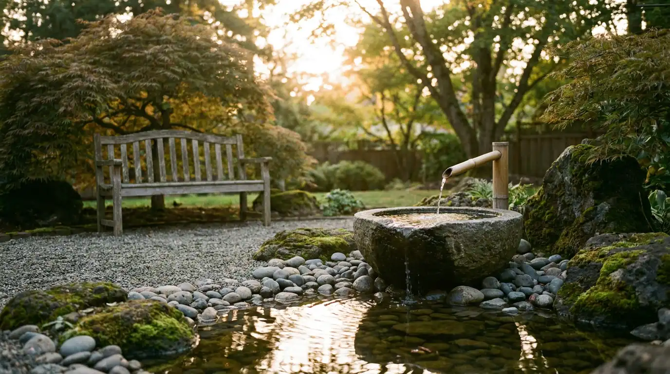 water feature zen garden ideas with a small fountain, gentle sound, and calm patio seating nearby