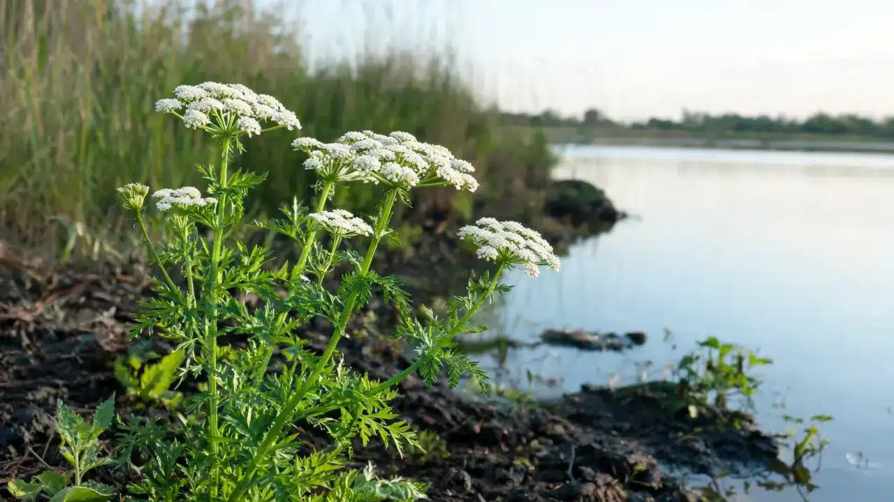water hemlock with white umbrella-shaped flowers and divided green leaves growing beside calm wetland water