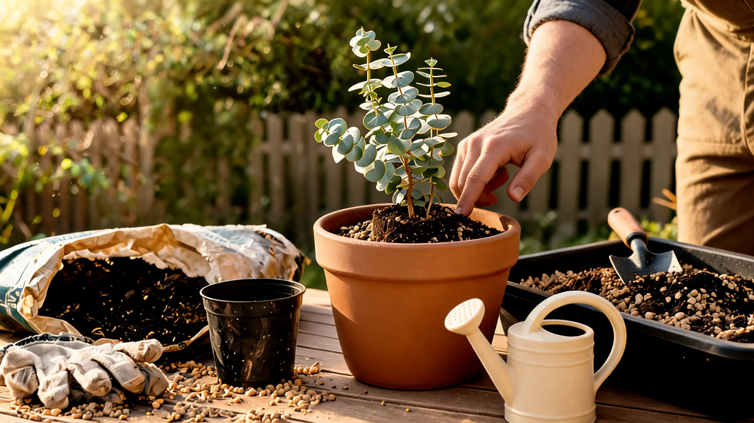 person watering young eucalyptus plant in pot while checking soil moisture before watering today