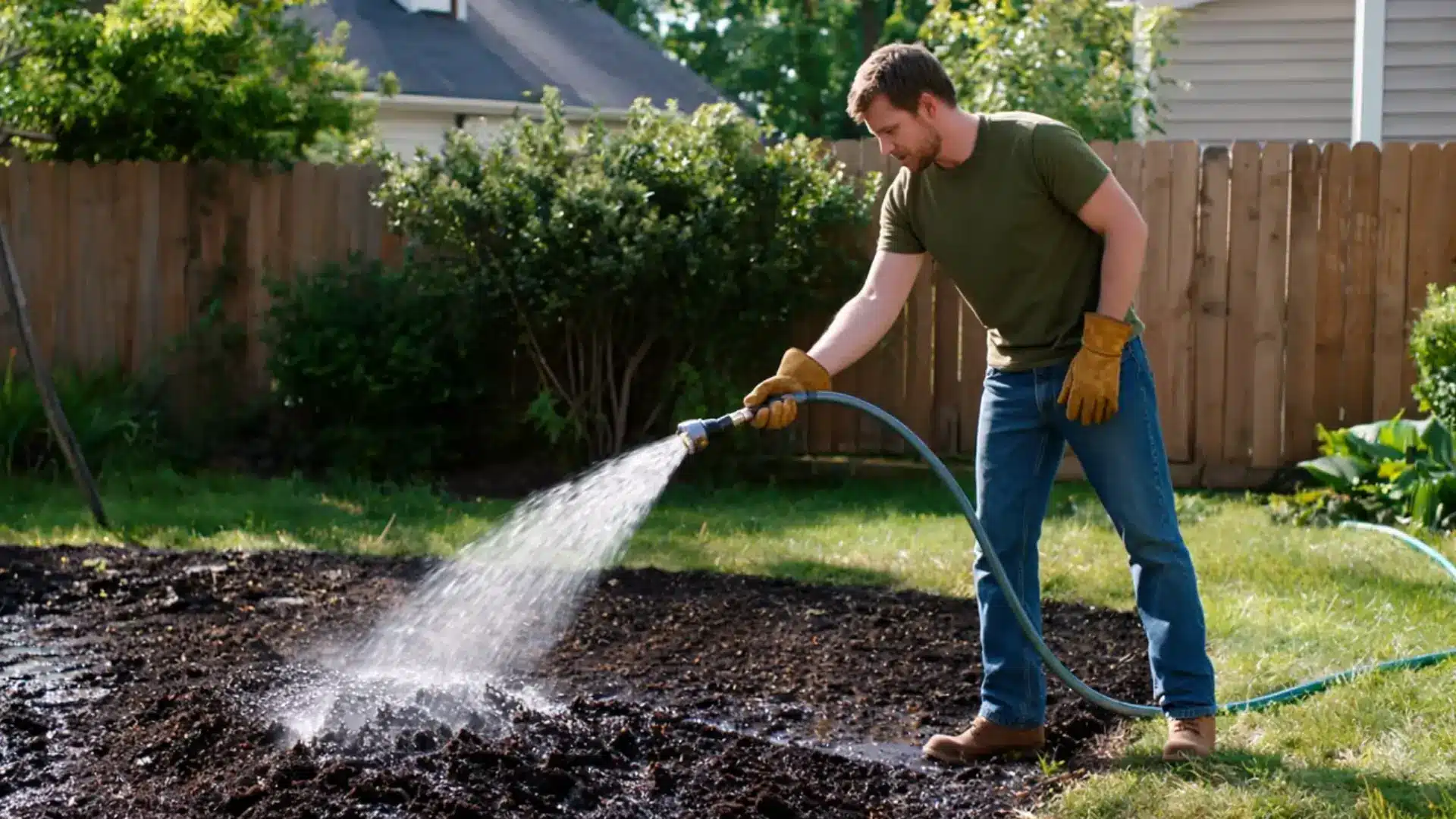 watering newly seeded soil with a gentle hose spray to keep the whole surface evenly moist
