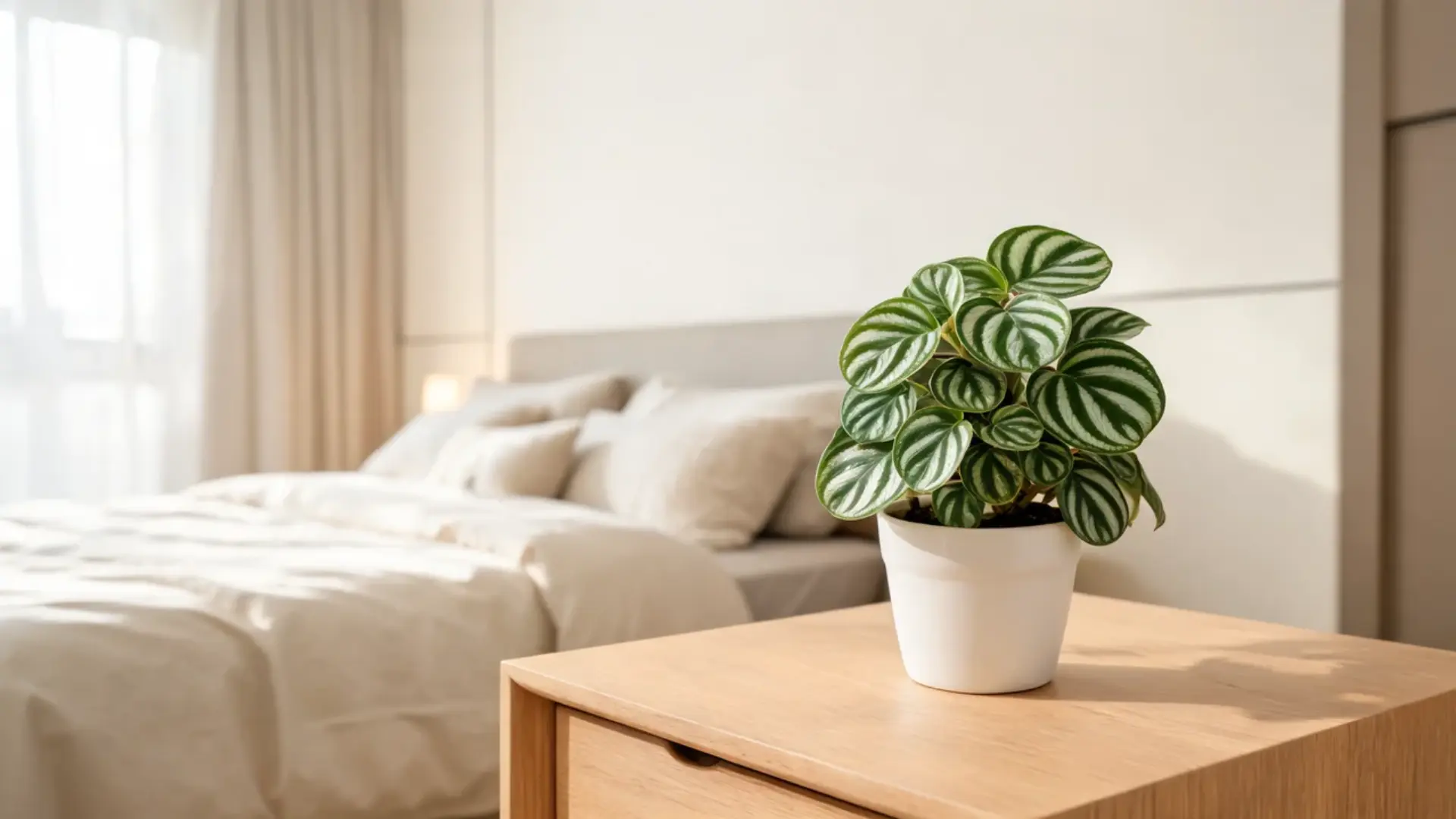 watermelon peperomia with striped round leaves in a white pot on a wooden table beside a neutral bed