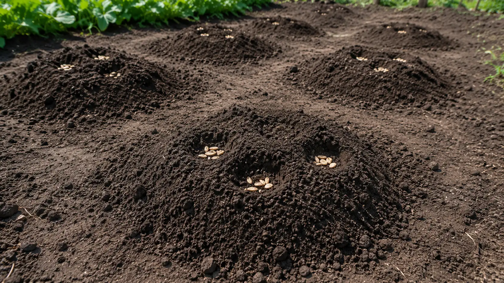 watermelon seeds placed in shallow holes on spaced soil mounds ready to be covered with loose soil