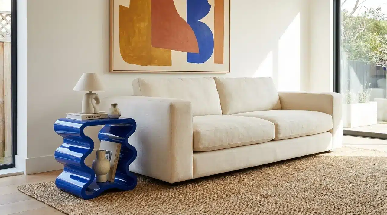 wavy side table with neutral sofa in a modern eclectic living room