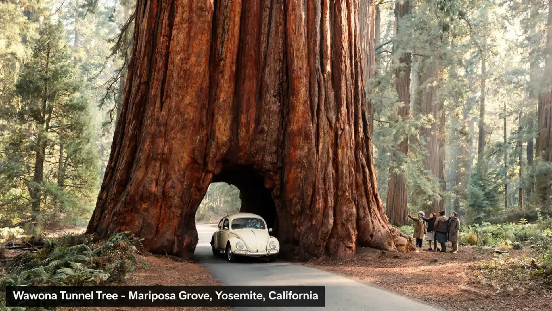 awona tunnel tree with a vintage car passing through the giant sequoia in yosemite's mariposa grove