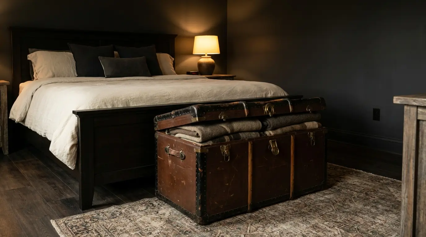 weathered trunk at foot of dark wood bed with wool blankets vintage rug and warm lamp