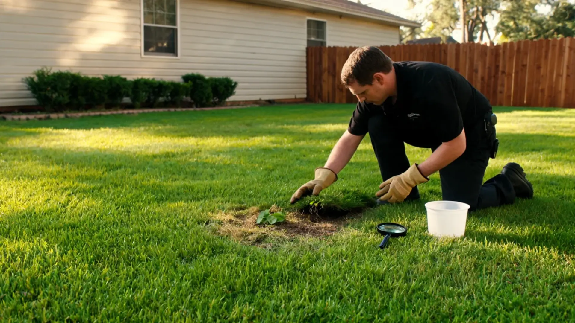gardener inspecting weeds, damaged grass, and exposed roots in a centipede lawn before treatment