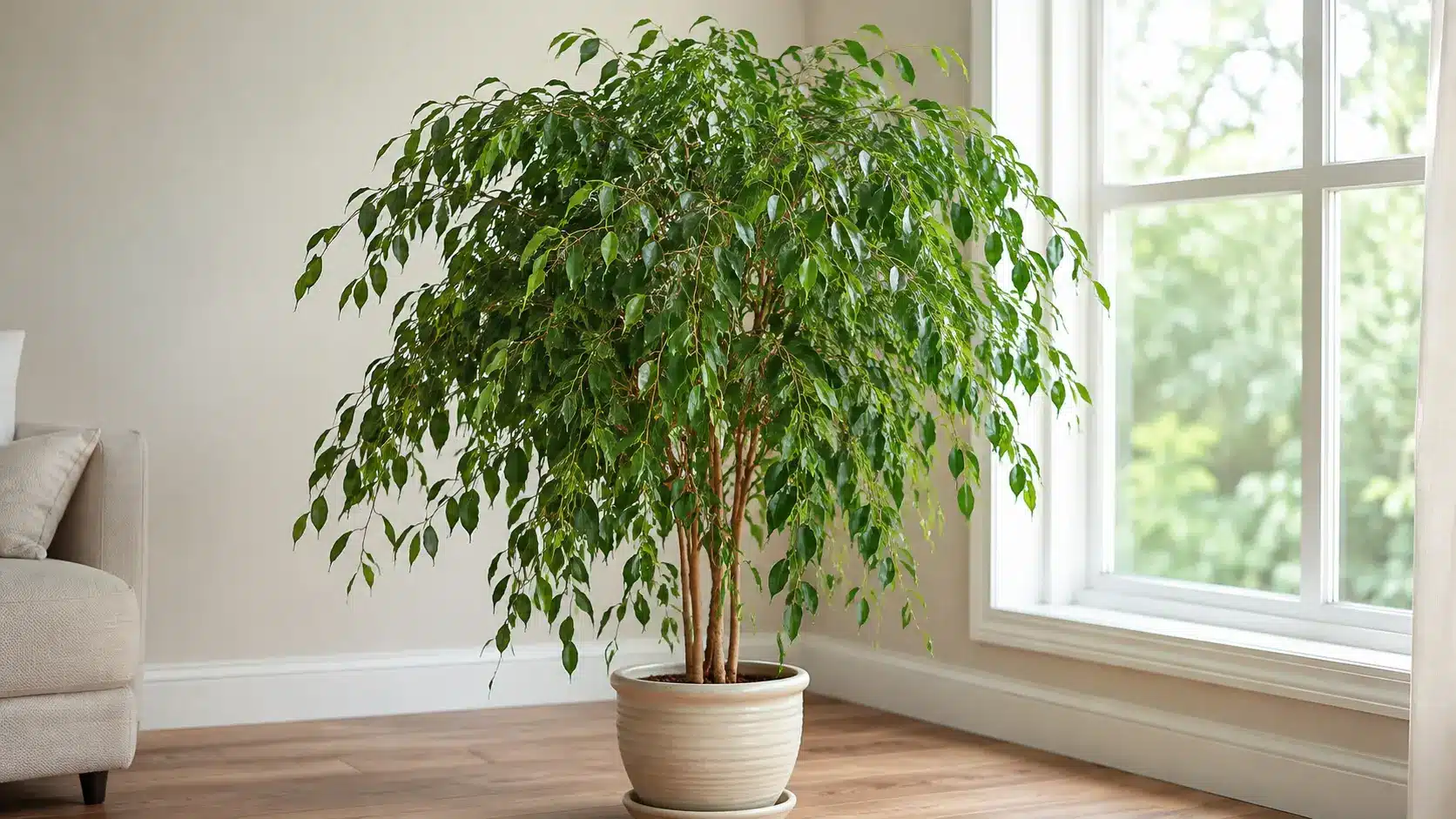 weeping fig indoors with slender arching branches and many small glossy leaves forming a soft canopy