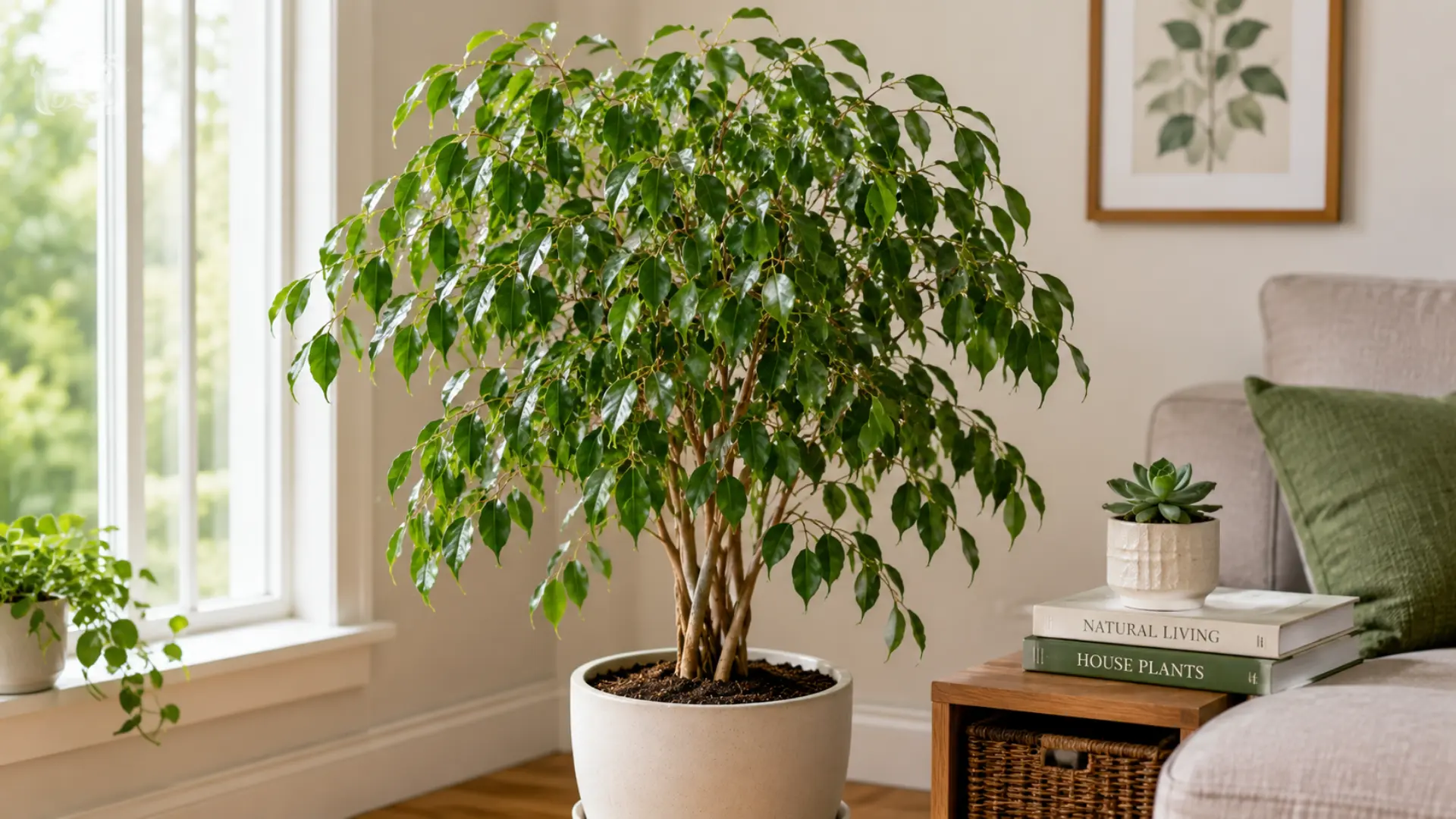 lush weeping fig with glossy green leaves and a braided trunk in a cream pot beside a sunny window