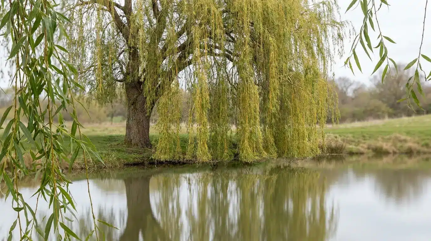 mature weeping willow with long hanging branches reflected in calm pond water beside an open meadow