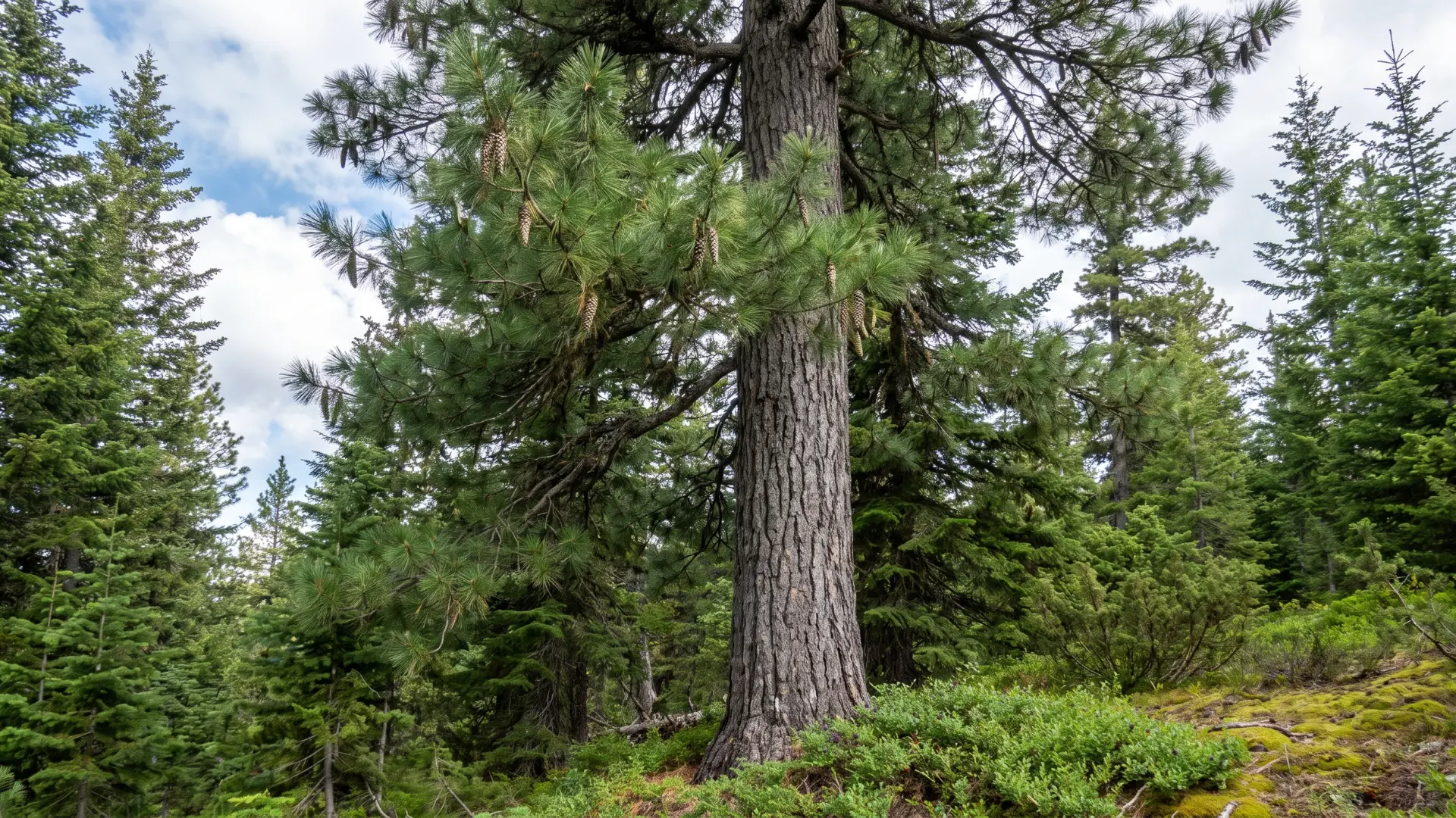 western white pine with soft blue green needles in bundles of five and a tall narrow mountain form