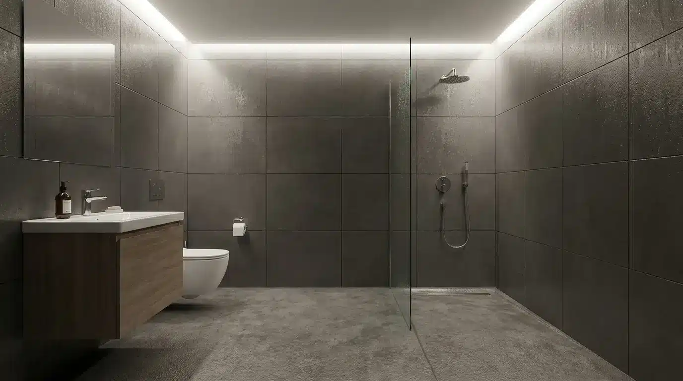 wet room bathroom with open shower floor drain waterproof walls and safe walking area